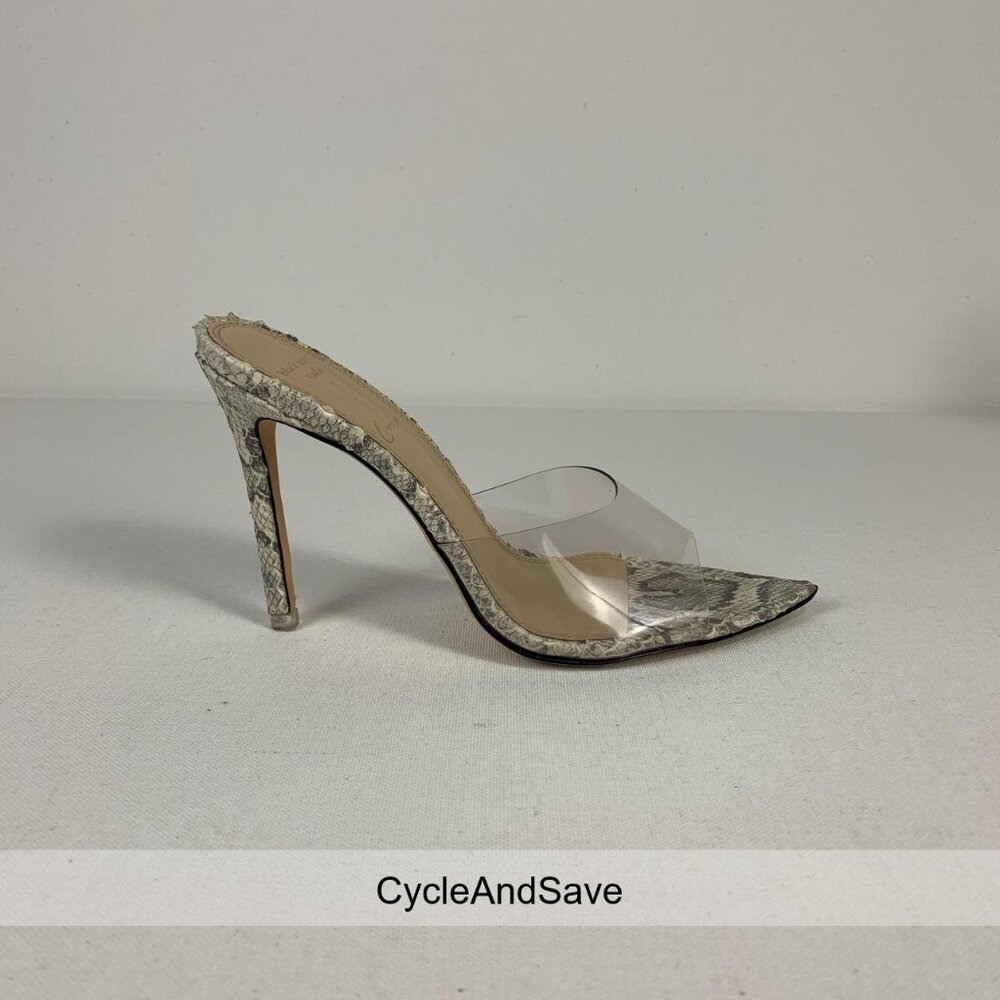Black Suede Studio Caroline Snakeskin Print Mules with Clear Strap - Size 6 US